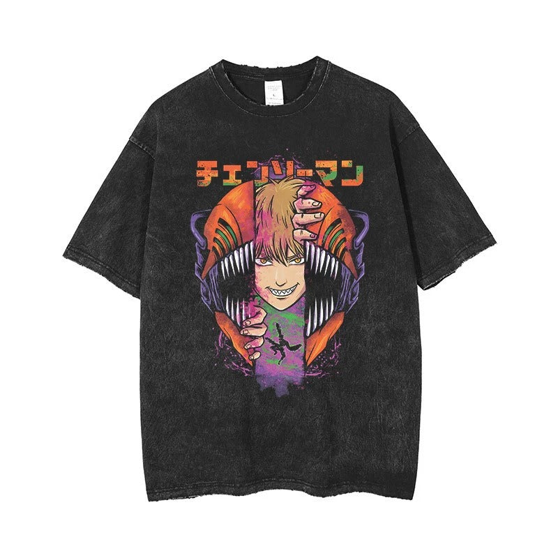 Shi Anime Chainsaw T-shirt Printed Shirt Retro Washed Outdated Printed Casual Short Sleeve