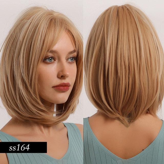 Short Straight Synthetic Brown Mix Gray Hair Cute Bob Wigs with Bangs for White/Black Women Cosplay Party or Daily Wear Wigs For Black Women Cosplay Wigs For Women