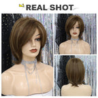 Short Synthetic Straight Bob Wig with Side Fringe Mixed Brown Color Natural Hairline Heat Resistant Party Wigs For Black Women Cosplay Wigs For Women