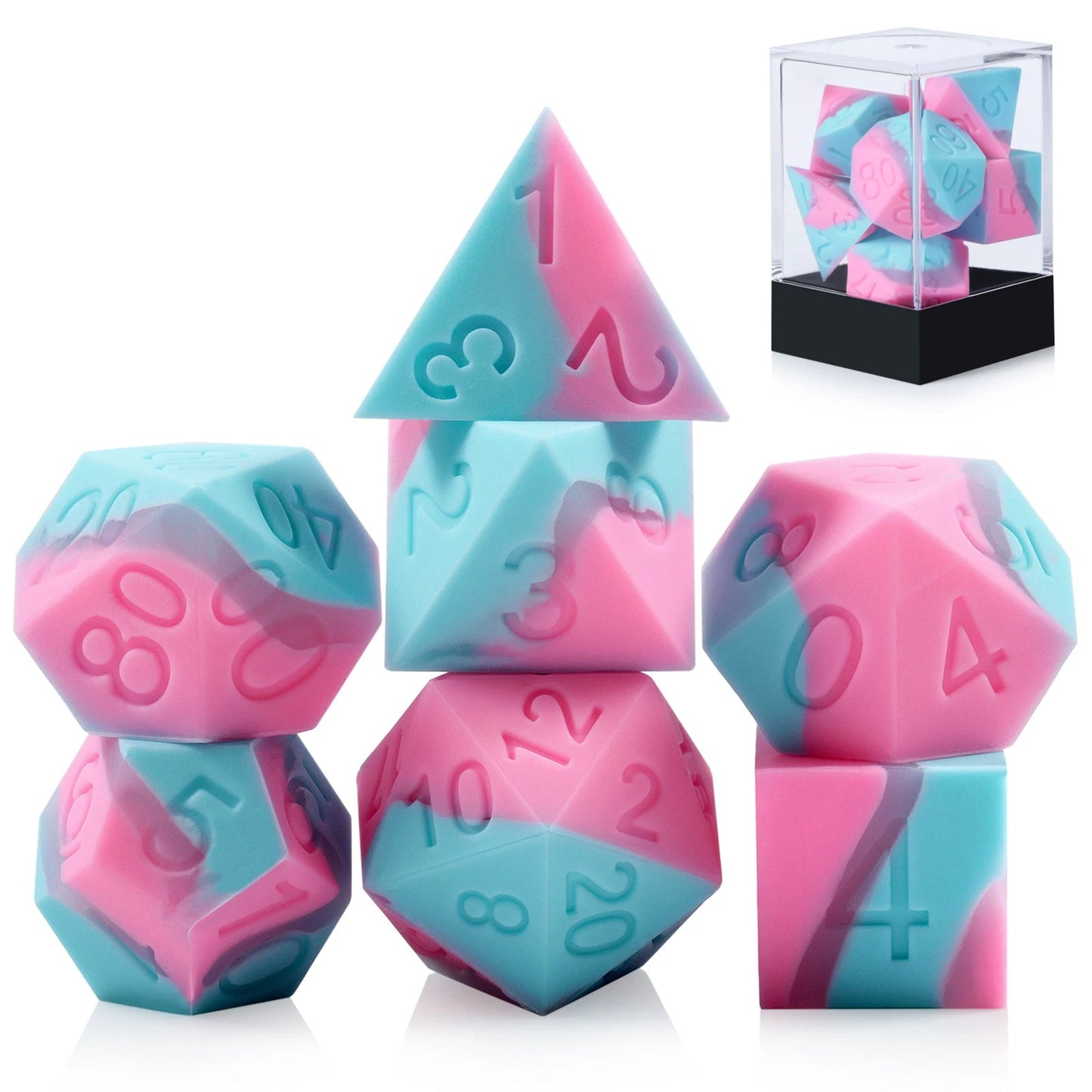 Silicone 7PCS Silicone Rubber D&D Dice with Clear Plastic Display Case for Dungeons and Dragons Role Playing