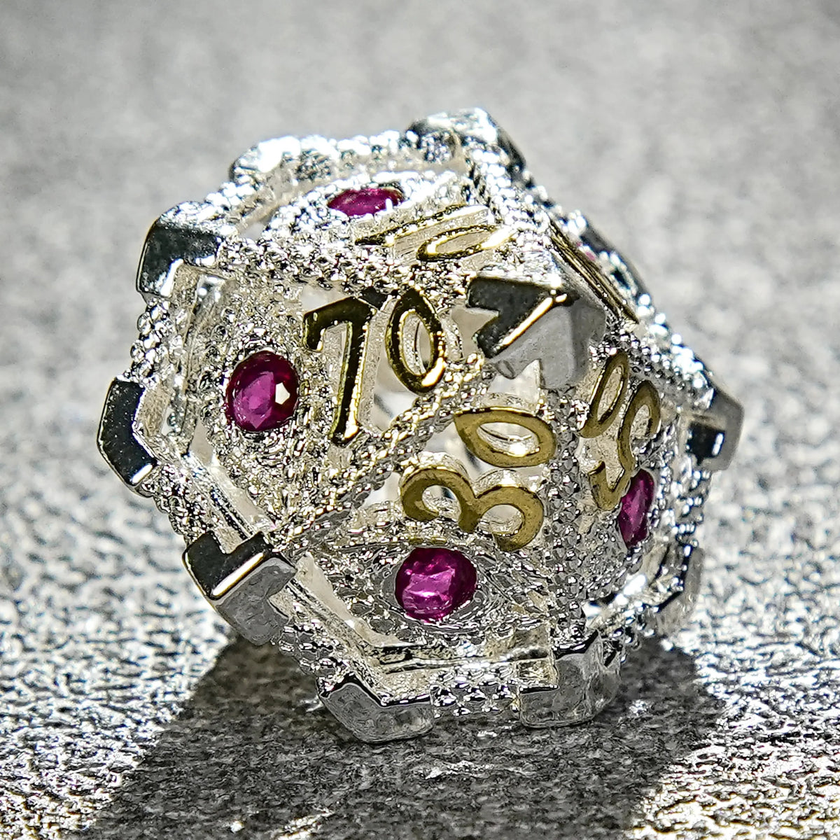 Silver with Pink Gems Dragon's Eye Hollow Metal RPG dice set