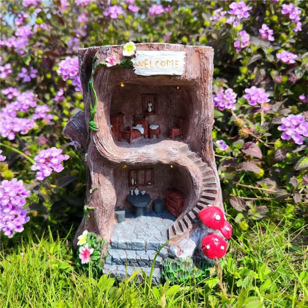 Solar Light Gnome Fairy Tree House Outdoor Statues, Big Size Elf Miniature Buildings Tree House Sculptures for Outdoor Garden