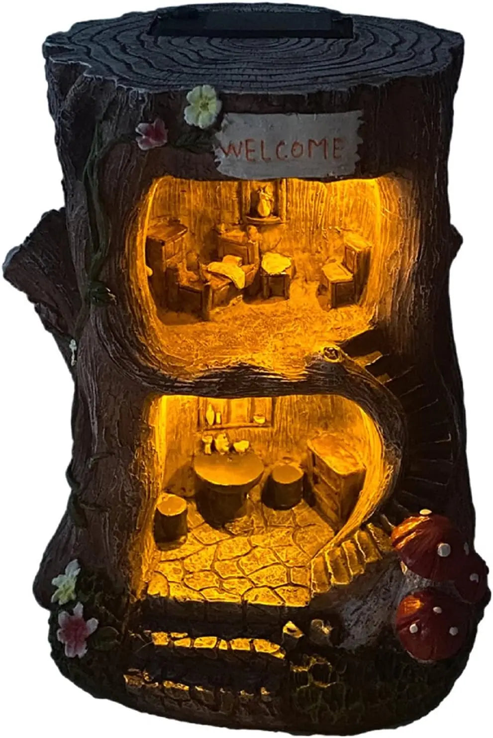 Solar Light Gnome Fairy Tree House Outdoor Statues, Big Size Elf Miniature Buildings Tree House Sculptures for Outdoor Garden