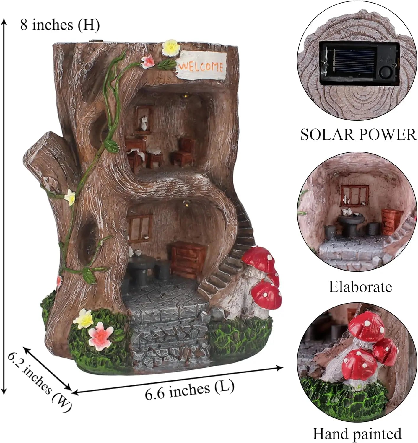 Solar Light Gnome Fairy Tree House Outdoor Statues, Big Size Elf Miniature Buildings Tree House Sculptures for Outdoor Garden