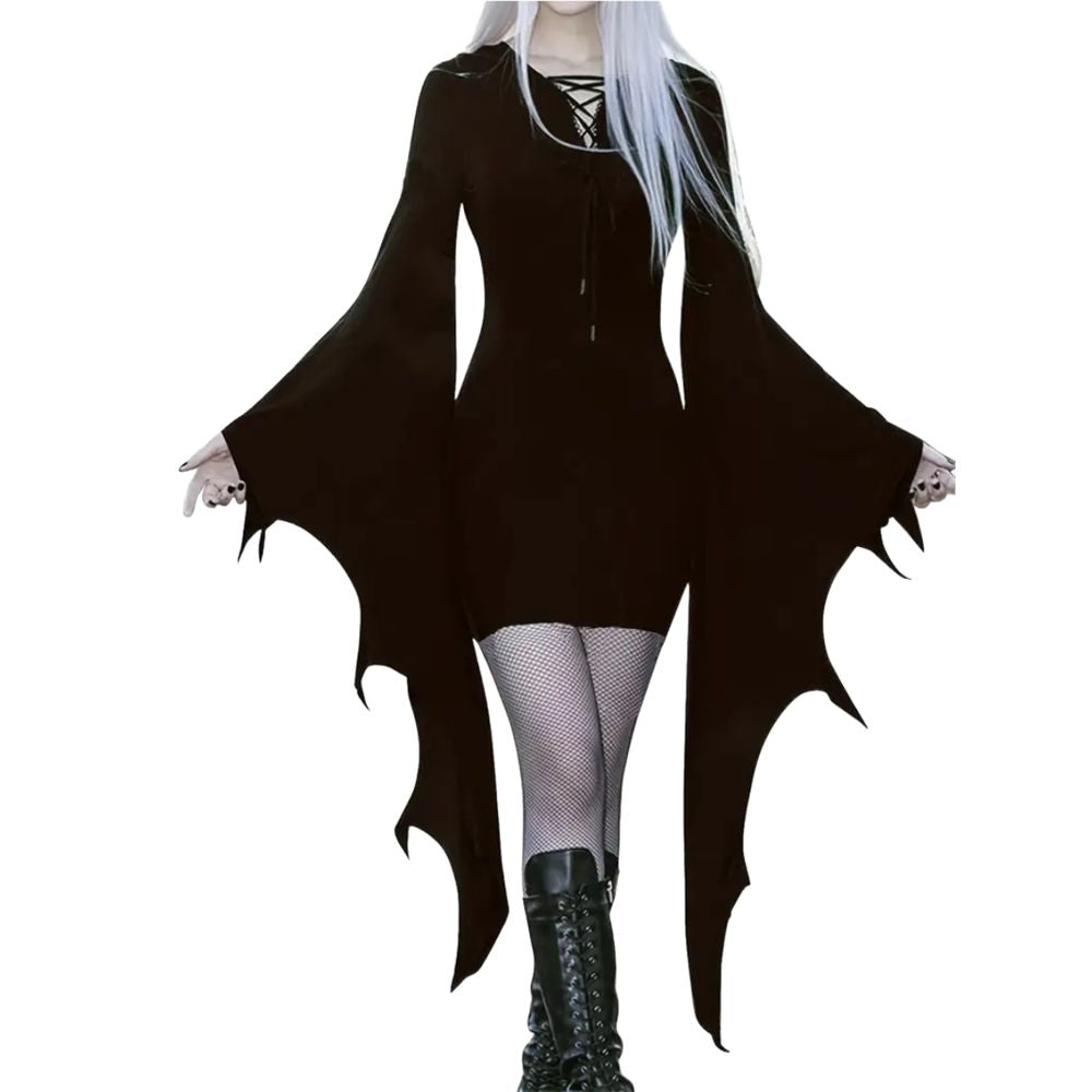 Solid Halloween Costume Dress, Gothic Drawstring Bodycon Performance Dress