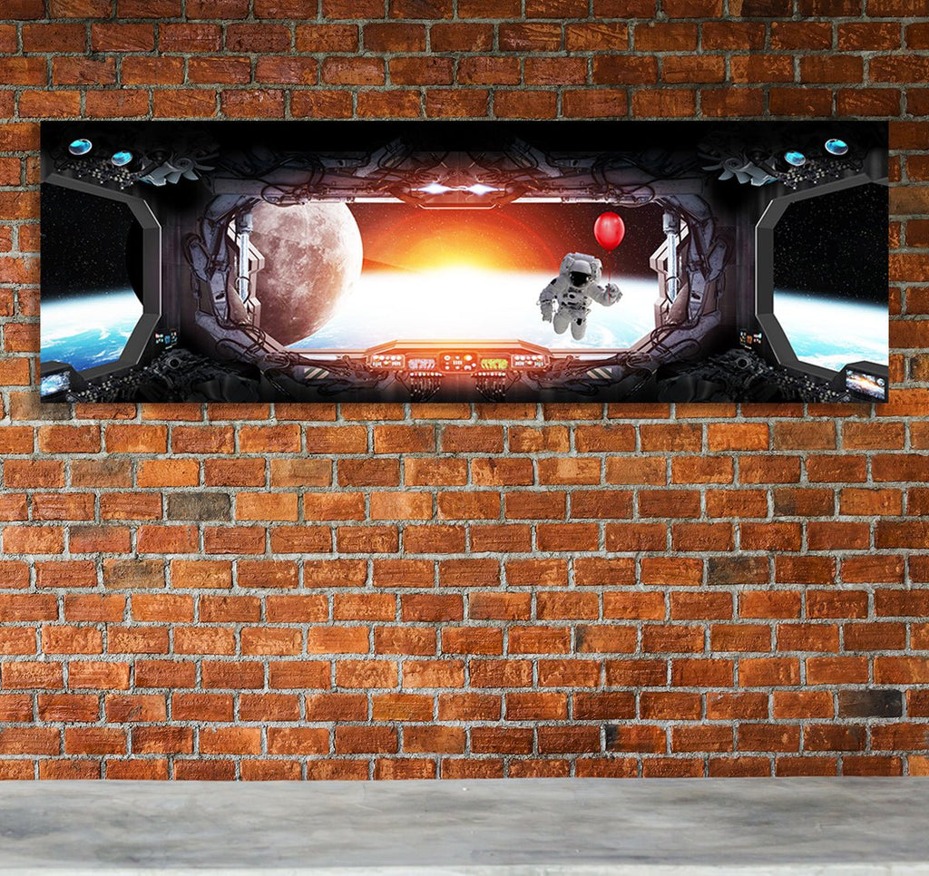 Space Station Window View Earth Astronaut Red Balloon Framed Canvas Wall Art