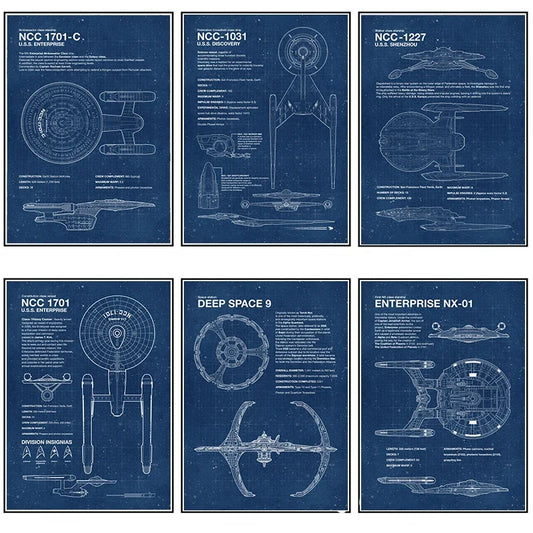 Spaceship Blueprint Canvas Painting HD Print Modern Wall Art Picture Classic Movie Star-Trek Poster Living Room Bedroom Decor