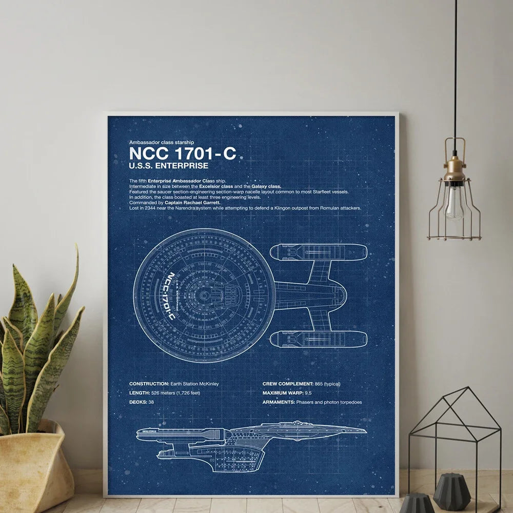 Spaceship Blueprint Canvas Painting HD Print Modern Wall Art Picture Classic Movie Star-Trek Poster Living Room Bedroom Decor