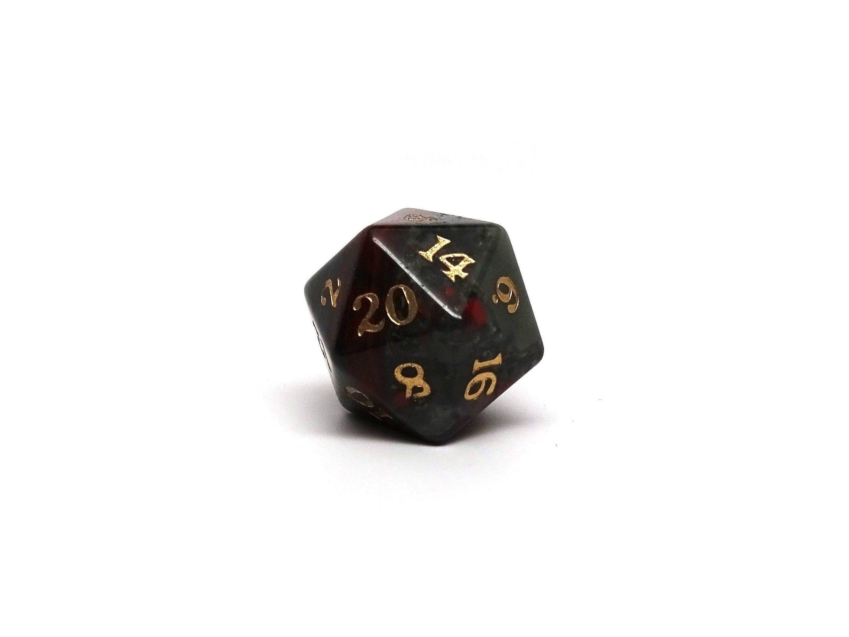 Stone D20 Dice - African Bloodstone - Signature Font - 