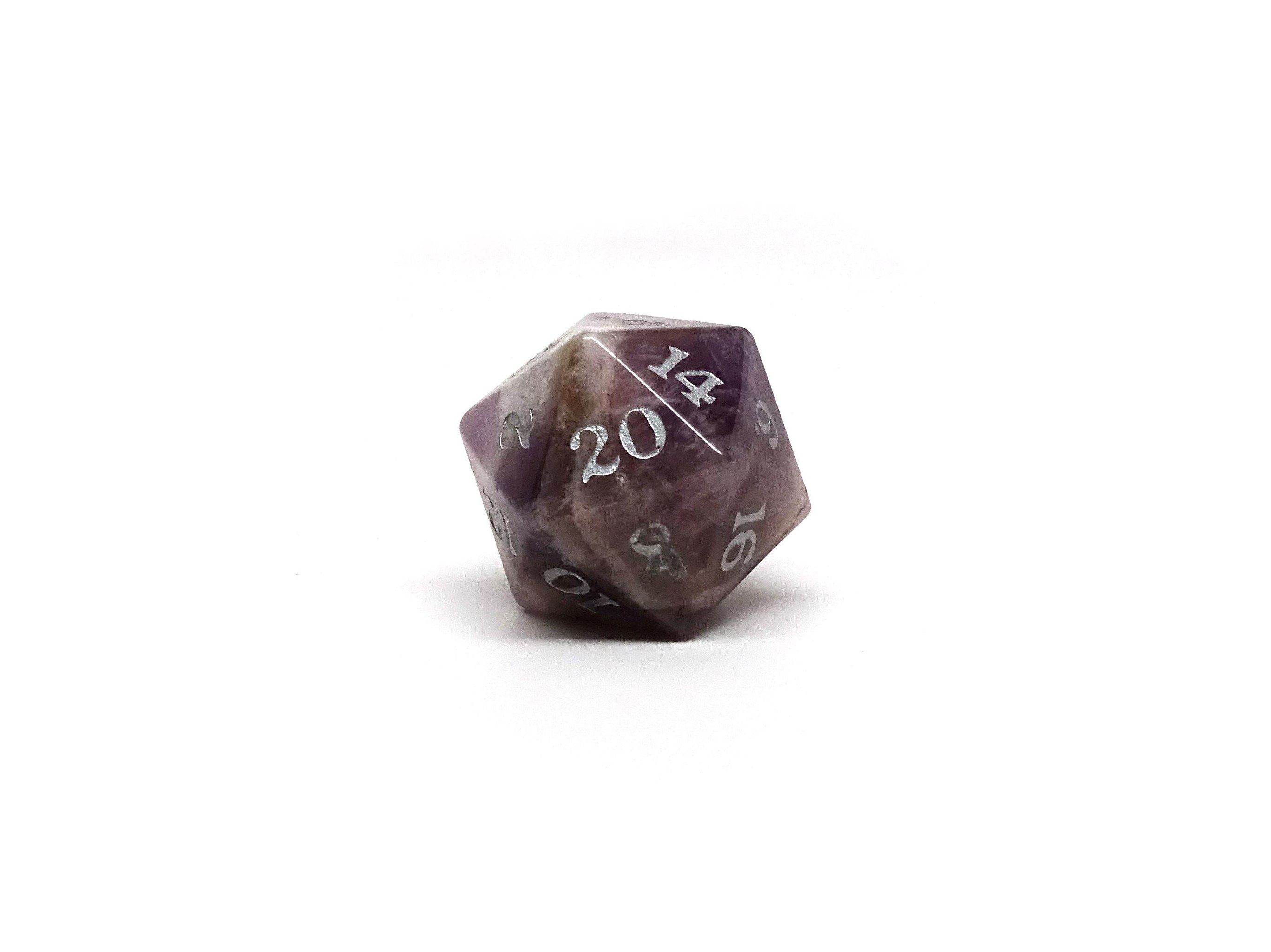Stone D20 Dice - Amethyst - Signature Font - 