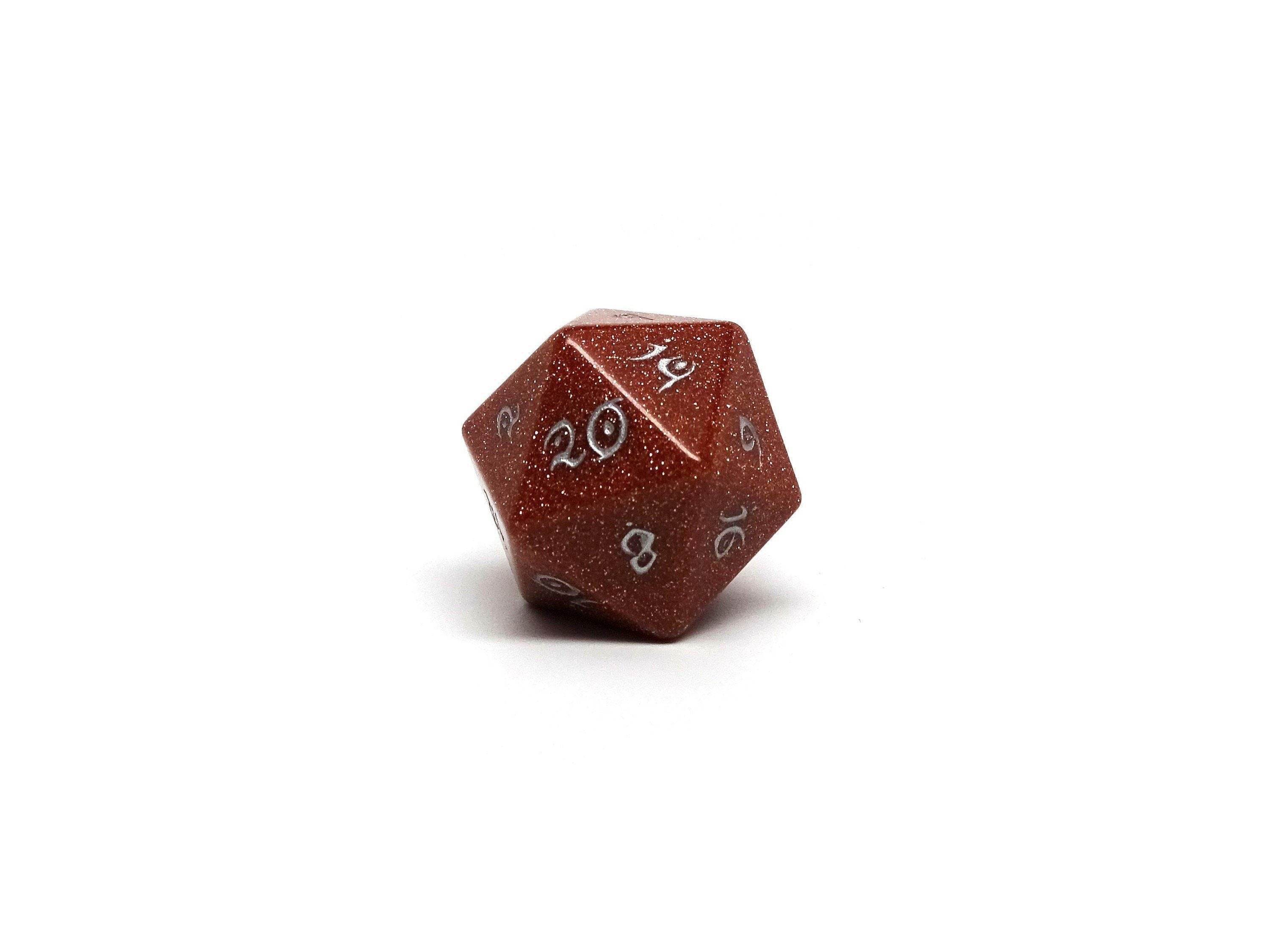 Stone D20 Dice - Goldstone - Elvenkind Font - 