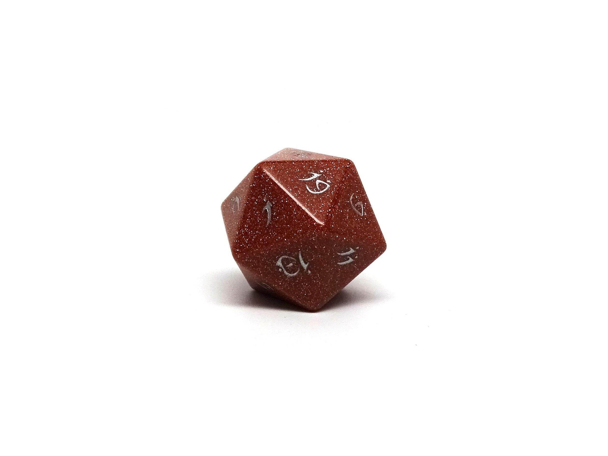 Stone D20 Dice - Goldstone - Elvenkind Font - 