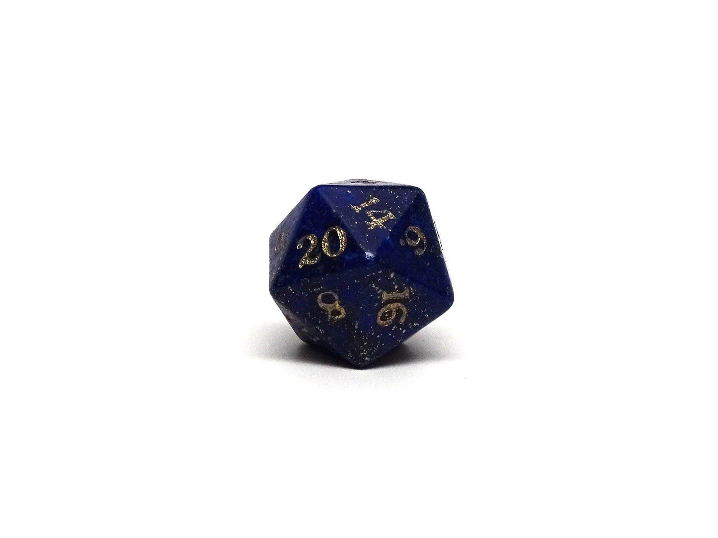 Stone D20 Dice - Lapis Lazuli - Gold Signature Font - 