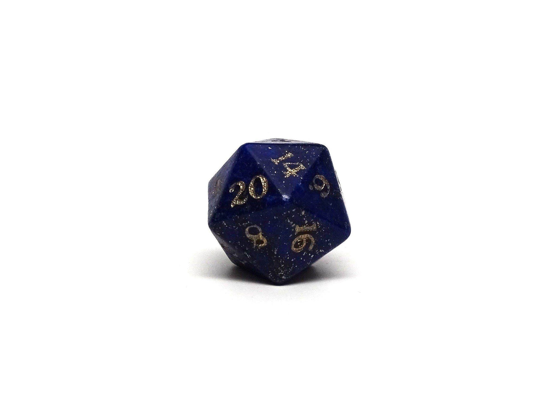 Stone D20 Dice - Lapis Lazuli - Gold Signature Font - 