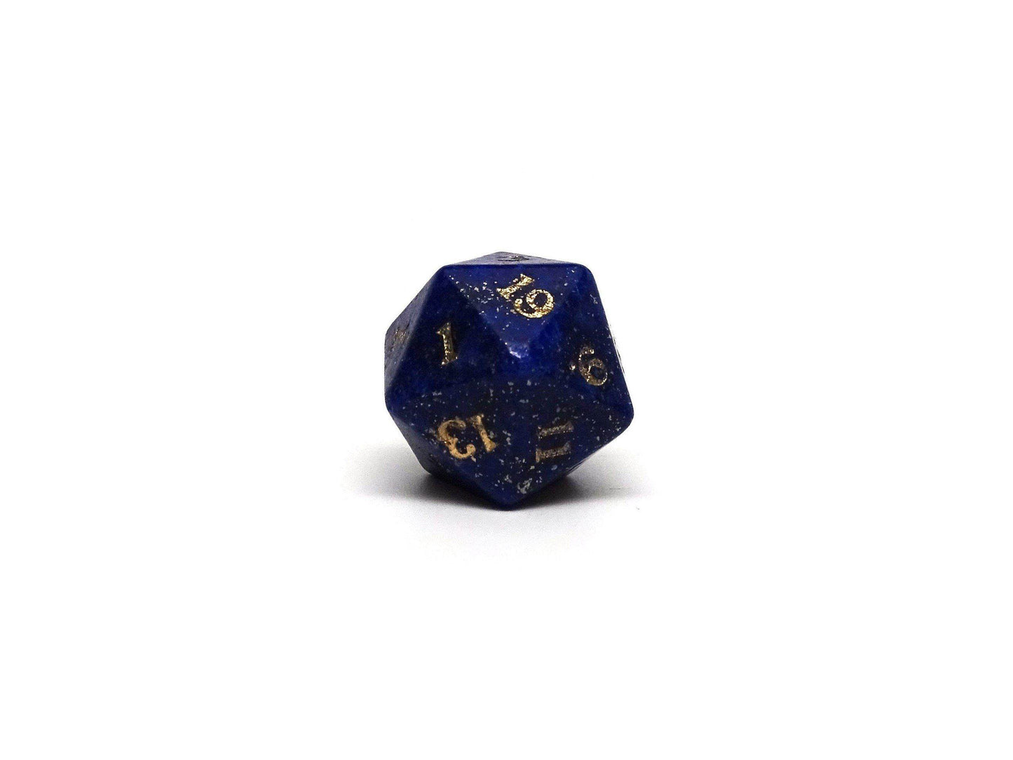 Stone D20 Dice - Lapis Lazuli - Gold Signature Font - 