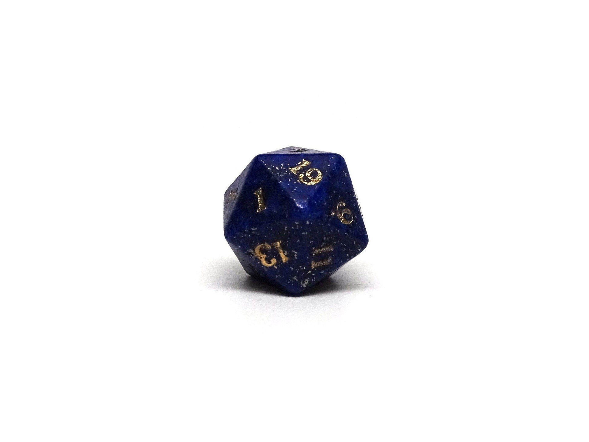 Stone D20 Dice - Lapis Lazuli - Gold Signature Font - 