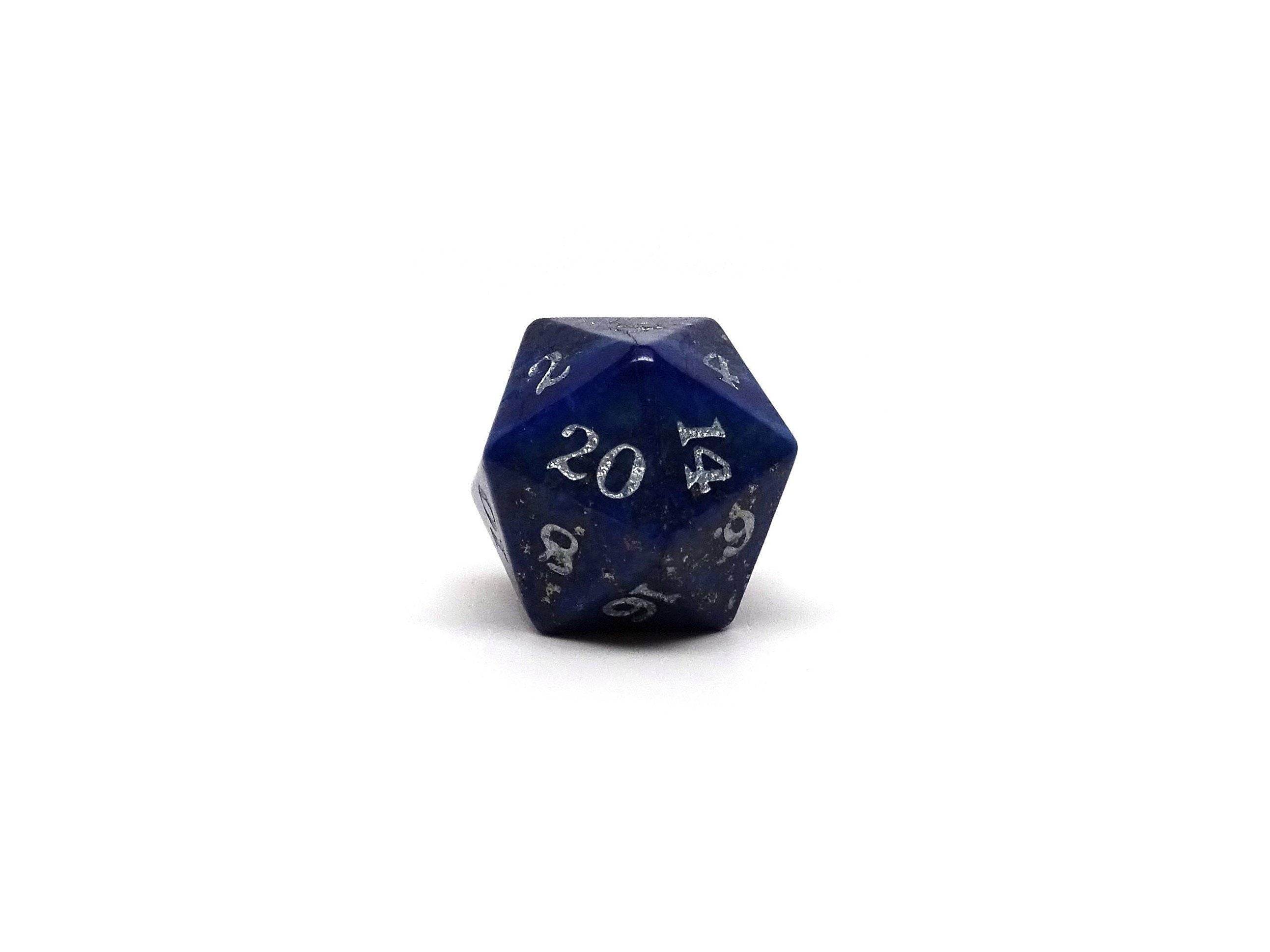 Stone D20 Dice - Lapis Lazuli - Silver Signature Font - 