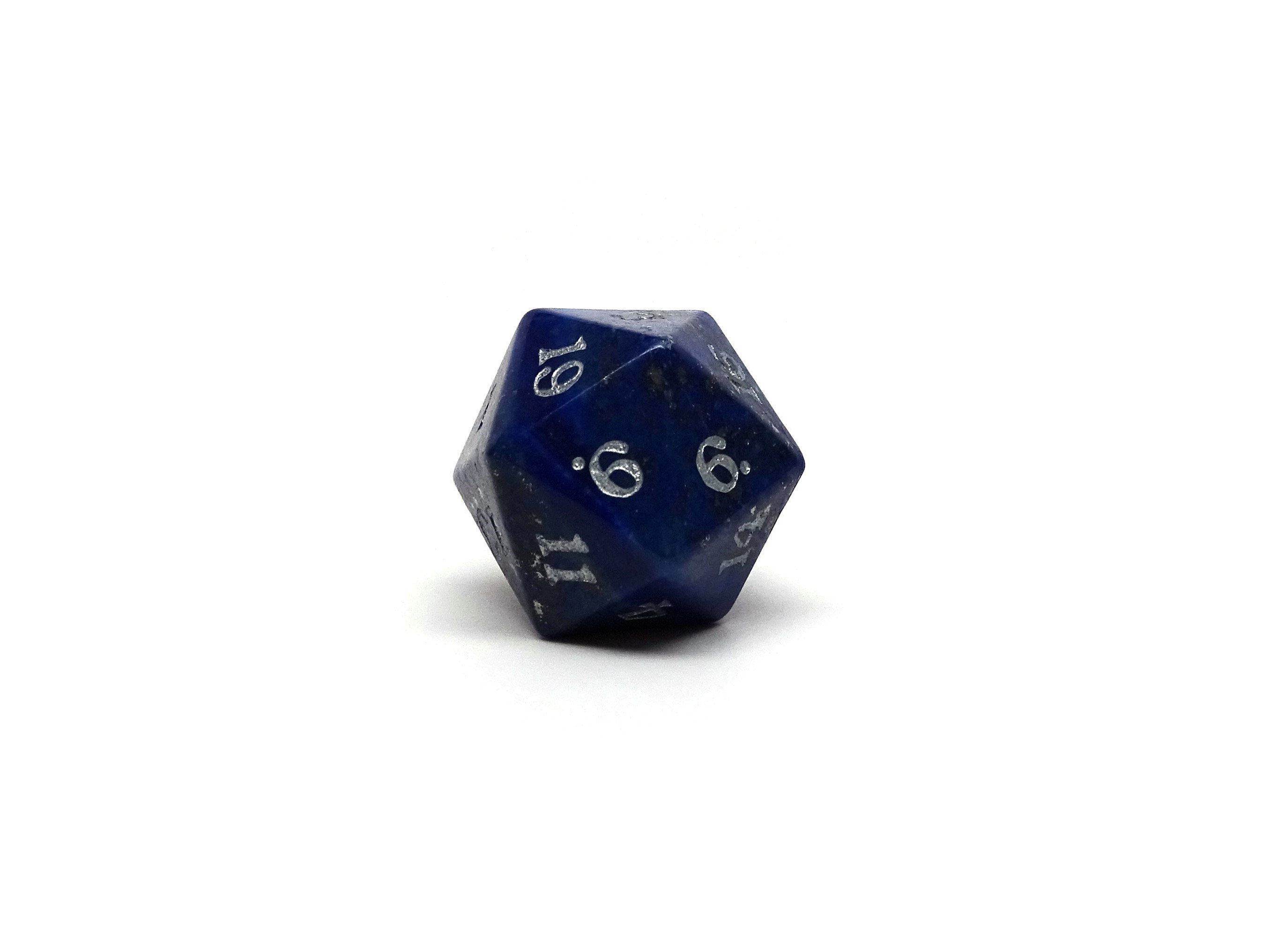 Stone D20 Dice - Lapis Lazuli - Silver Signature Font - 