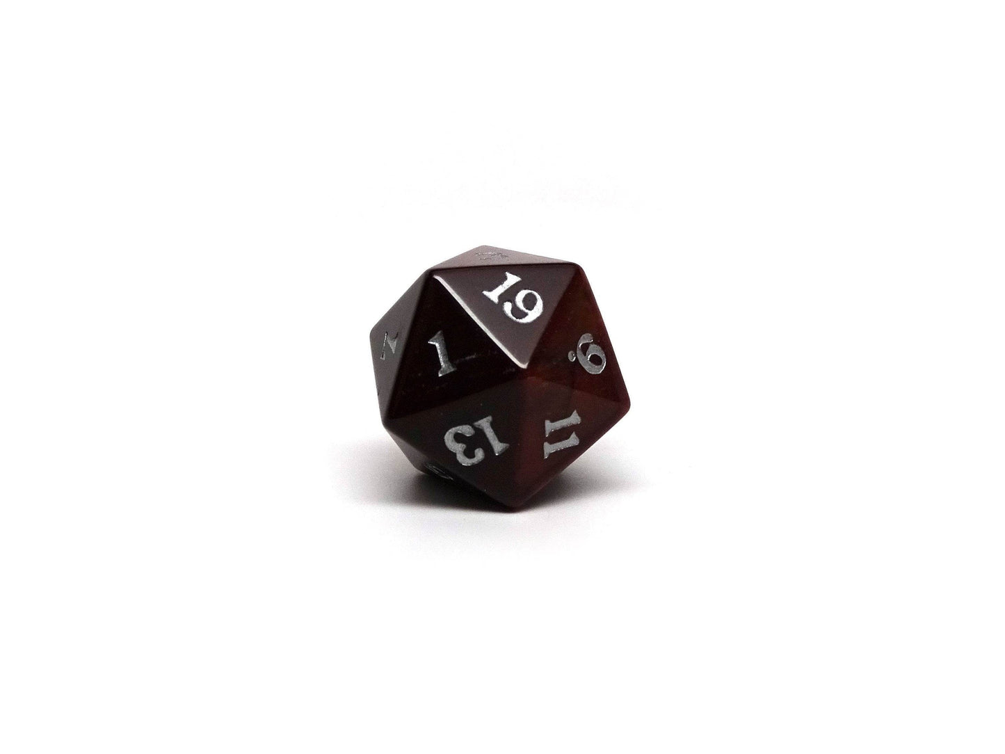 Stone D20 Dice - Red Tigers Eye - Signature Font - 