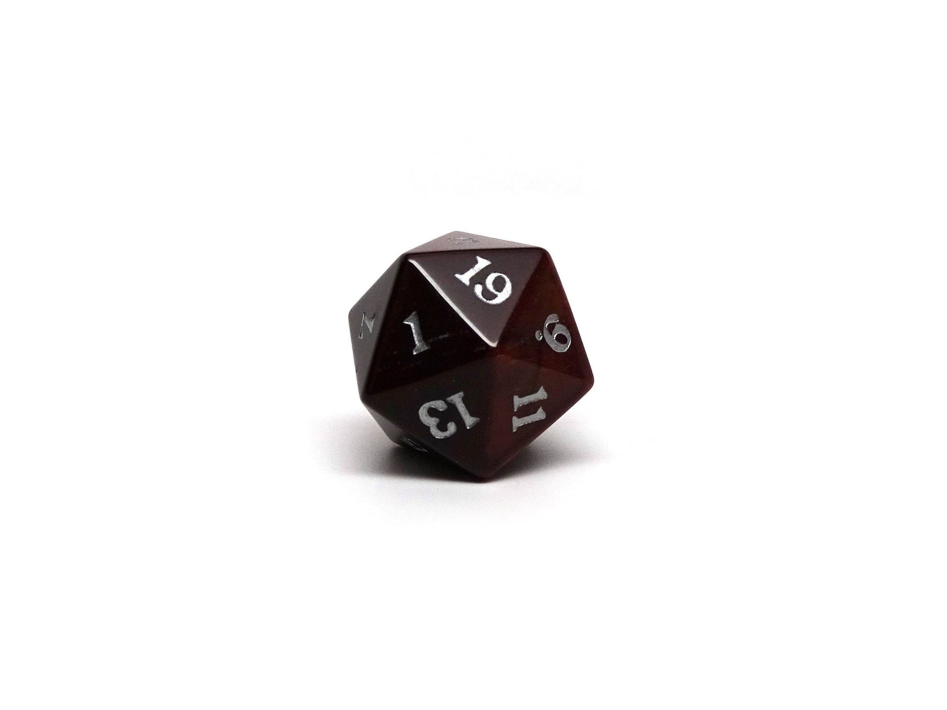 Stone D20 Dice - Red Tigers Eye - Signature Font - 