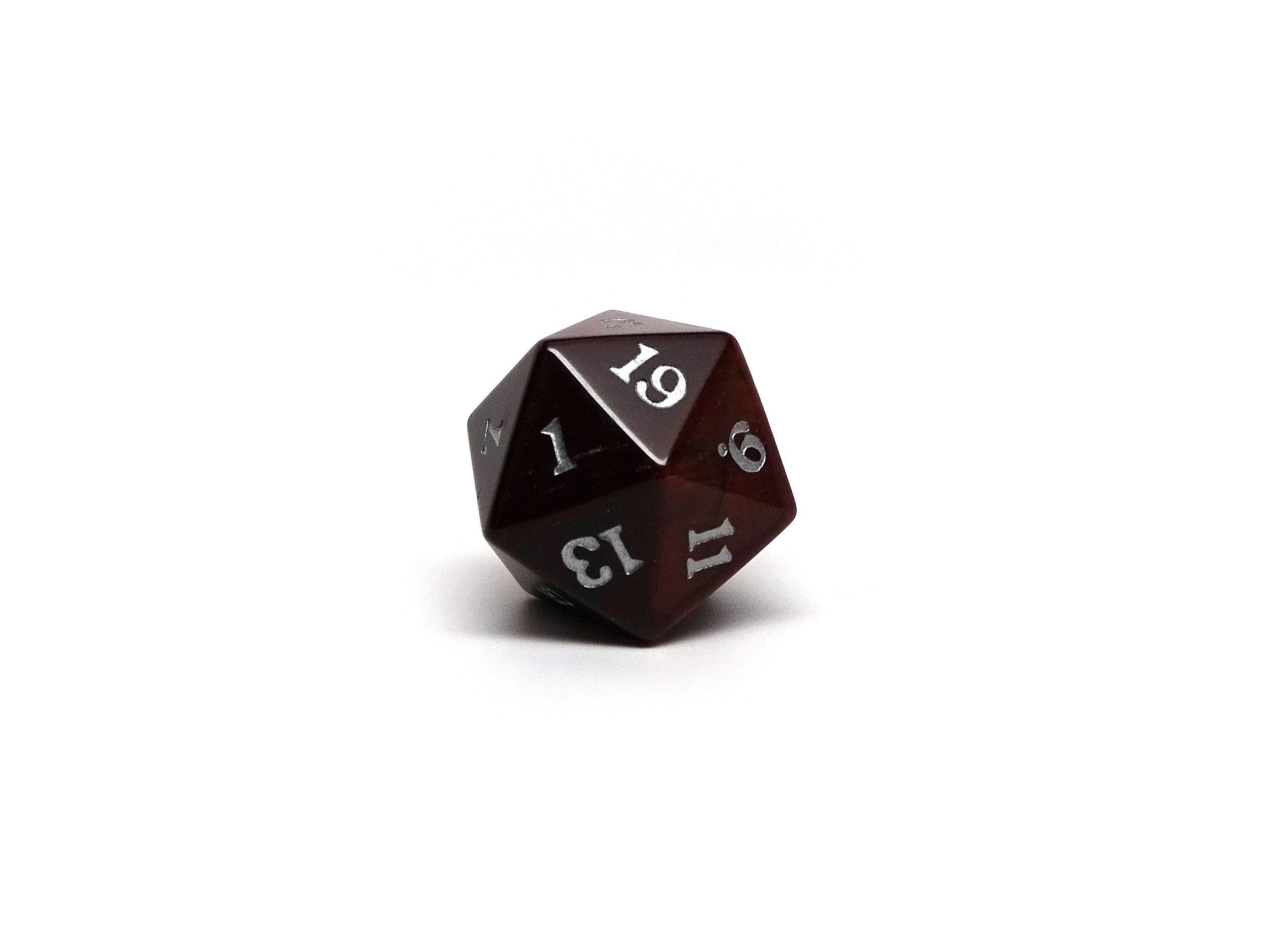 Stone D20 Dice - Red Tigers Eye - Signature Font - 