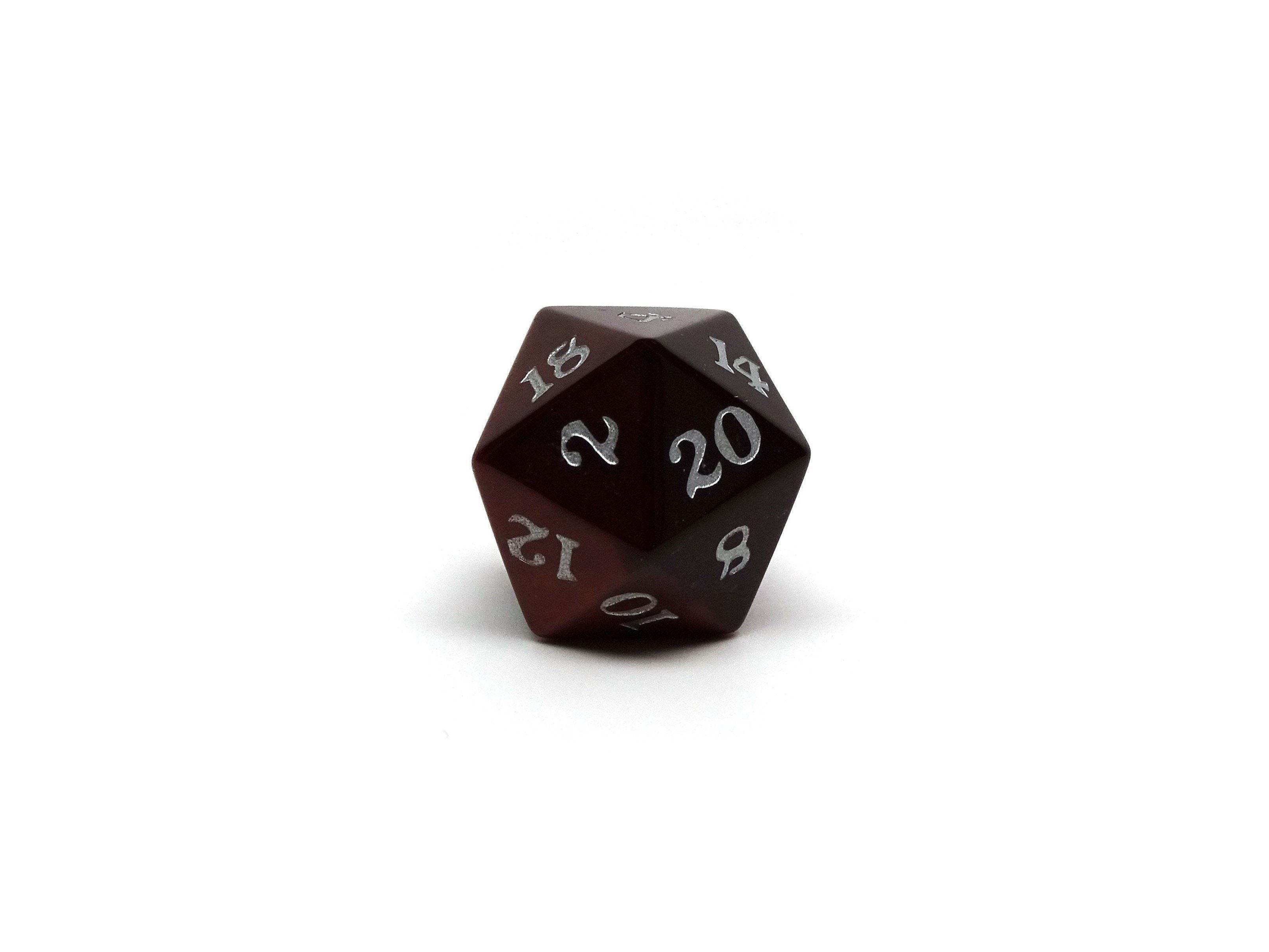 Stone D20 Dice - Red Tigers Eye - Signature Font - 