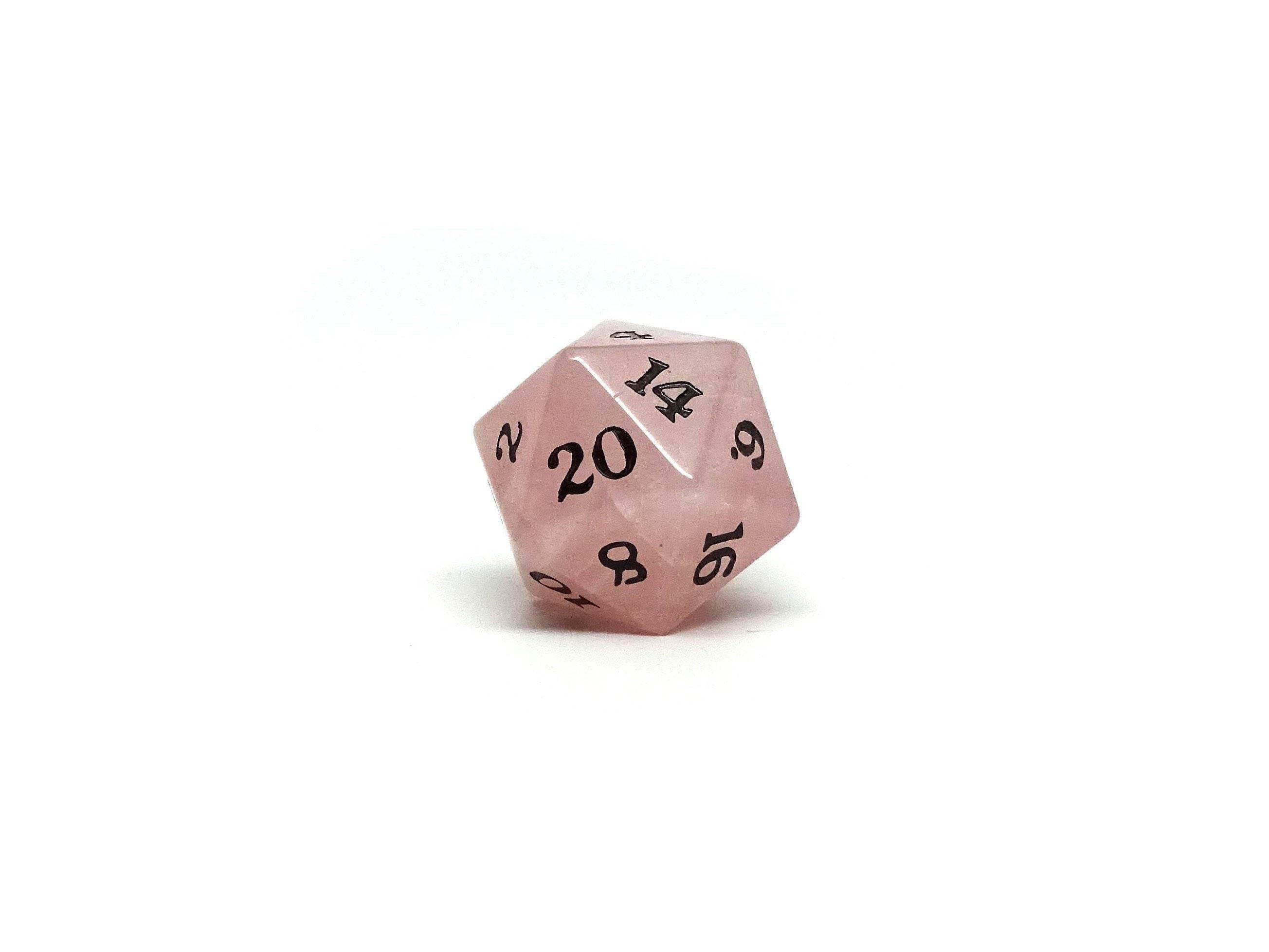 Stone D20 Dice - Rose Quartz - Signature Font - 