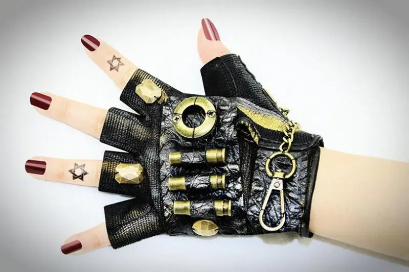 Streampunk Uniset Sheepskin Pig Skin Leather Metal Buckle Bullet Keychain Decoratived Mitt Medieval Retro Punk Half Finger Glove