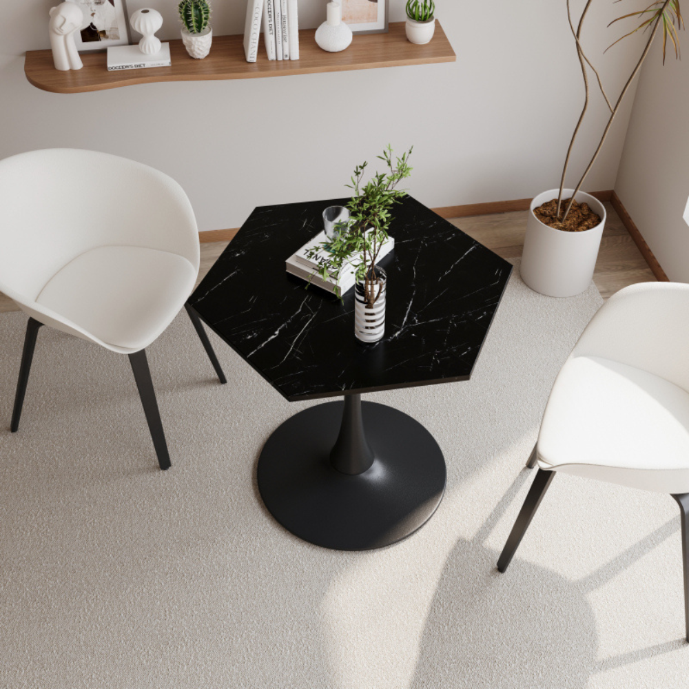 Stylish Modern Octagonal Coffee Table with Black Printed Marble Top