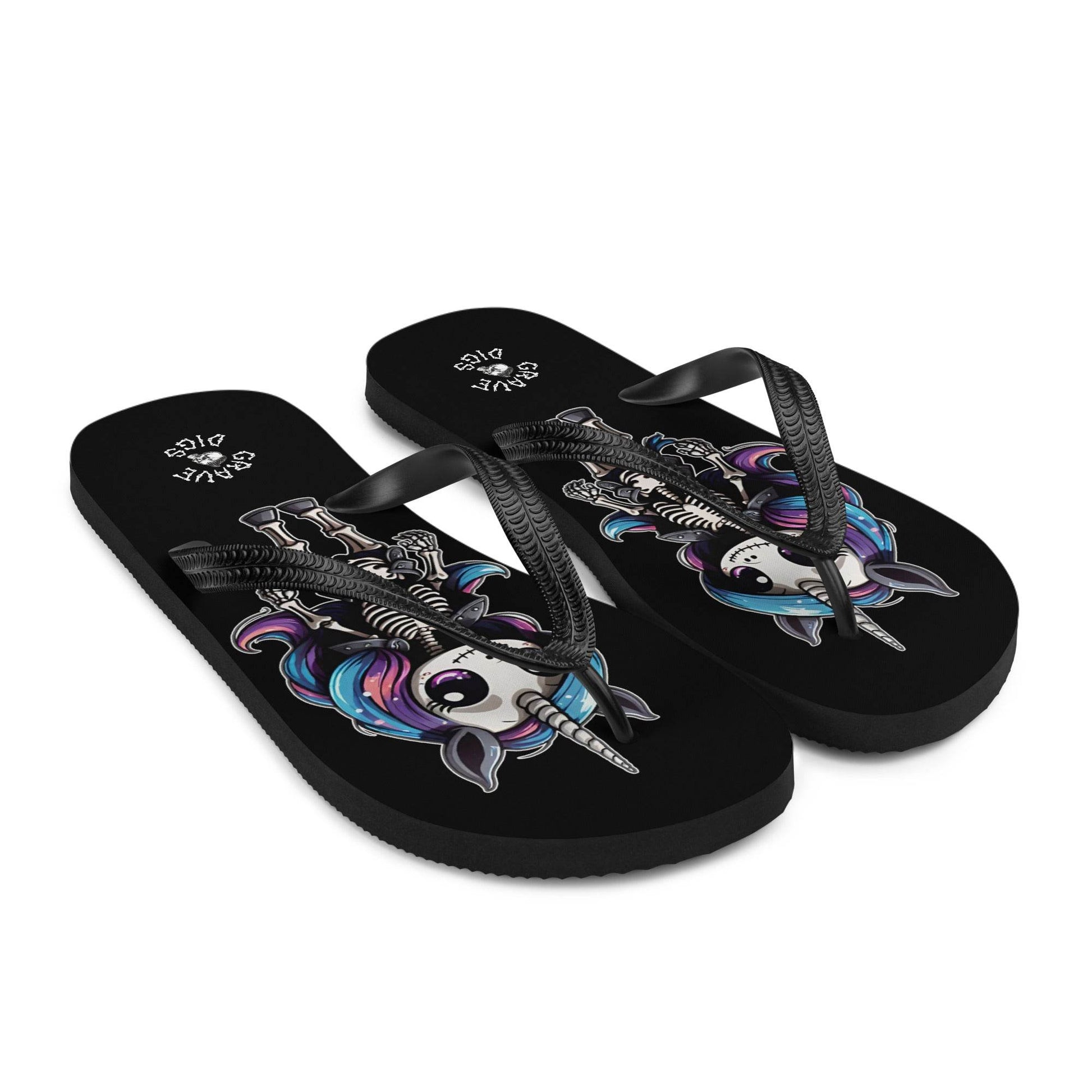 Grave Digs Skeleton Unicorn Flip Flops - S