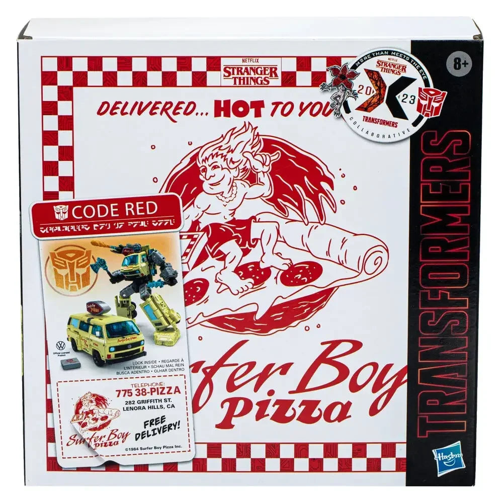 Takara Tomy Hasbro Transformers Stranger Things Collaborative Code Red Surfer Boy Pizza Box Action Figures Ornaments Figure