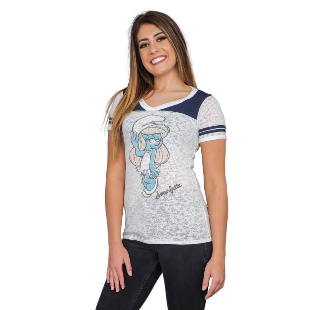 The Smurfs Smurfette Pose Juniors Burnout T-shirt with Striped Sleeves
