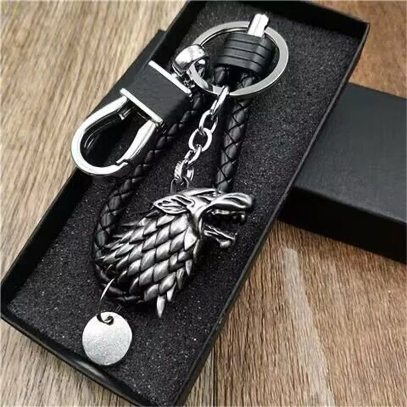 Thrones Keychain Stark Wolf Head Badge Key Chains Leather Rope Keyring Pendant llaveros Accessories Gifts for friends