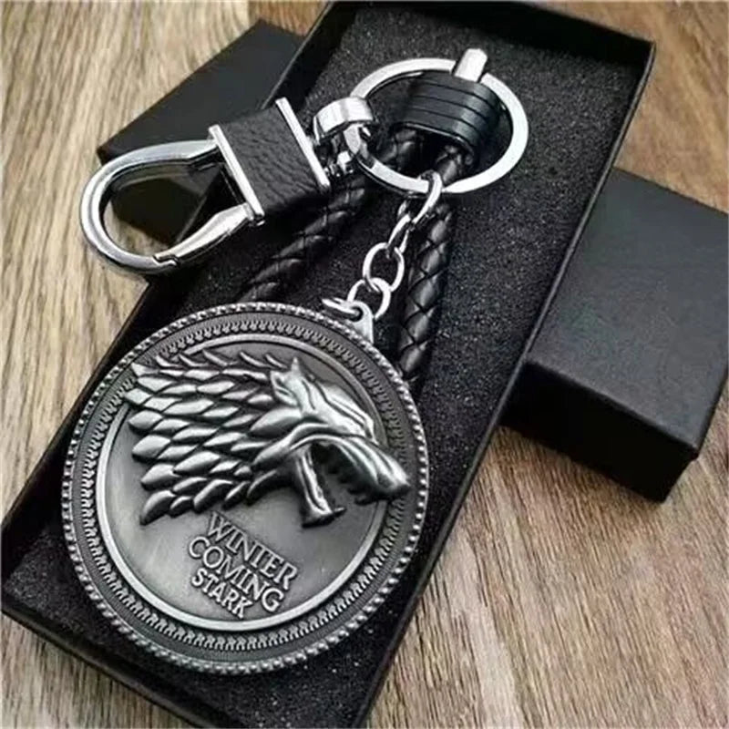 Thrones Keychain Stark Wolf Head Badge Key Chains Leather Rope Keyring Pendant llaveros Accessories Gifts for friends