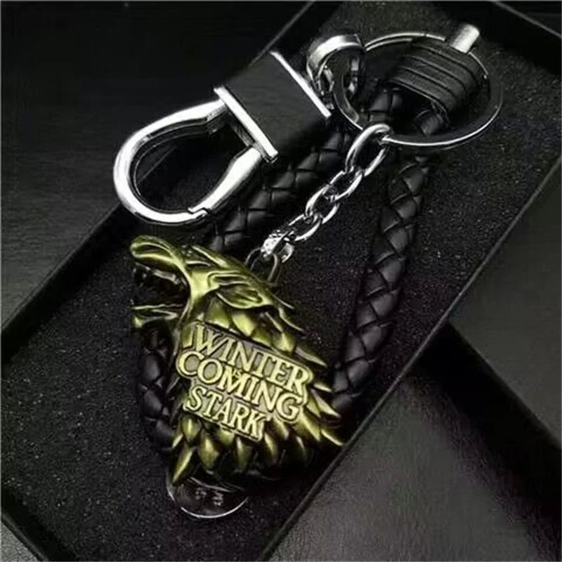 Thrones Keychain Stark Wolf Head Badge Key Chains Leather Rope Keyring Pendant llaveros Accessories Gifts for friends