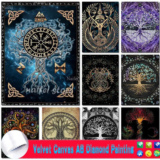 Tree Of Life Viking Art Diy Velvet AB Diamond Painting Full Diamond Mosaic Yggdrasil Tree Embroidery Picture Cross Home Decor