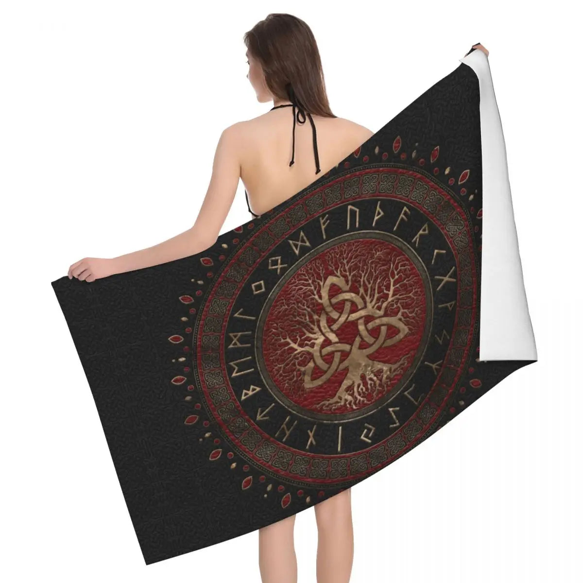 Tree Of Life With Triquetra Black Red Leather And Gold Beach Towel Viking Norse Yggdrasil Breathable Microfiber Bathroom Towels