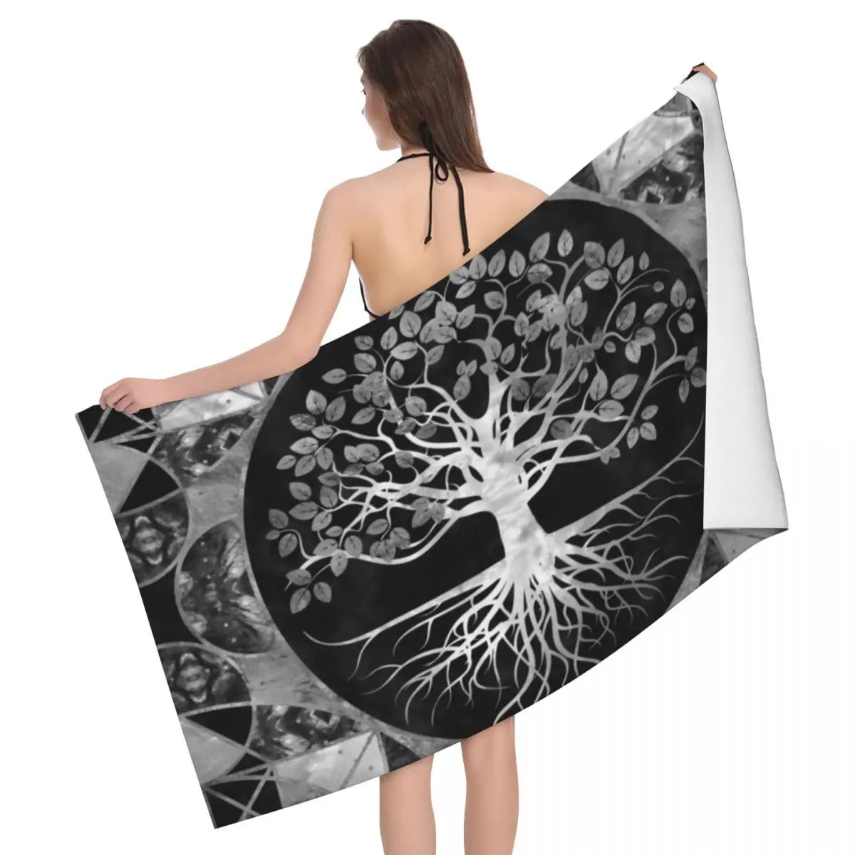 Tree Of Life With Triquetra Black Red Leather And Gold Beach Towel Viking Norse Yggdrasil Breathable Microfiber Bathroom Towels