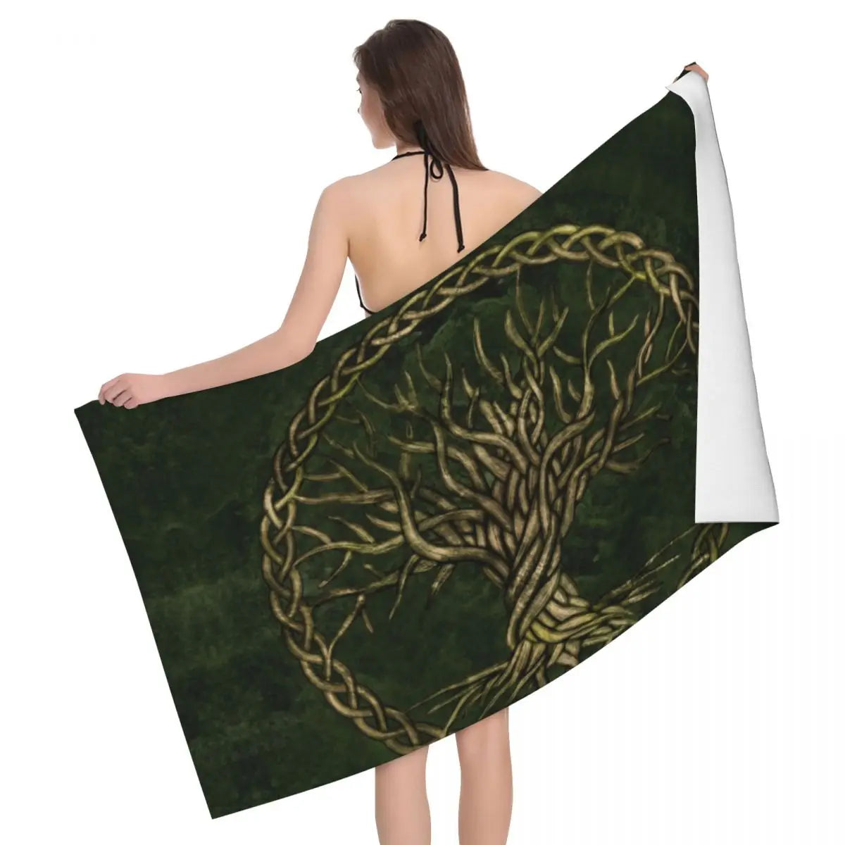 Tree Of Life With Triquetra Black Red Leather And Gold Beach Towel Viking Norse Yggdrasil Breathable Microfiber Bathroom Towels