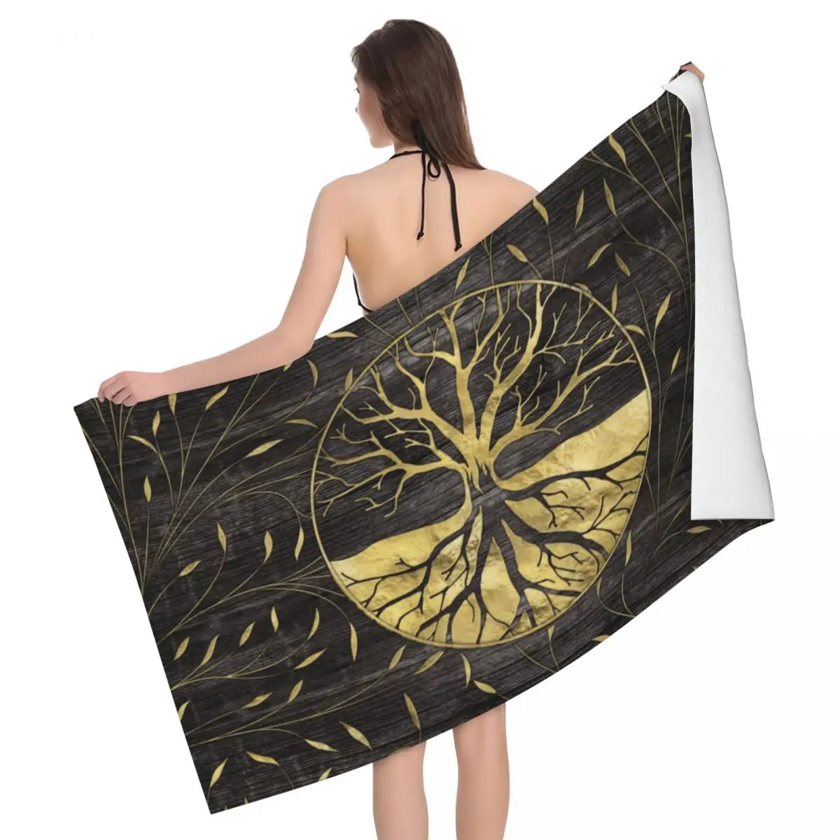 Tree Of Life With Triquetra Black Red Leather And Gold Beach Towel Viking Norse Yggdrasil Breathable Microfiber Bathroom Towels