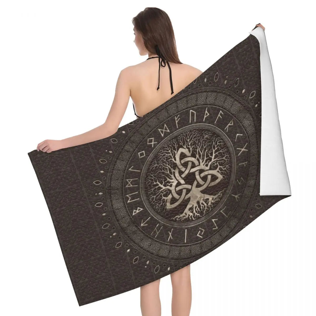 Tree Of Life With Triquetra Black Red Leather And Gold Beach Towel Viking Norse Yggdrasil Breathable Microfiber Bathroom Towels