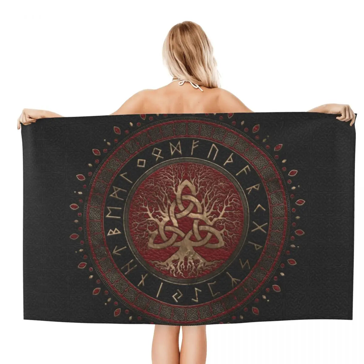 Tree Of Life With Triquetra Black Red Leather And Gold Beach Towel Viking Norse Yggdrasil Breathable Microfiber Bathroom Towels