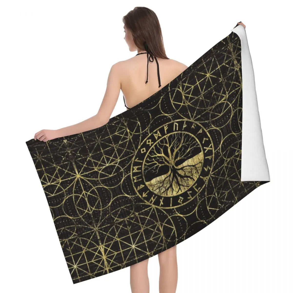 Tree Of Life With Triquetra Black Red Leather And Gold Beach Towel Viking Norse Yggdrasil Breathable Microfiber Bathroom Towels