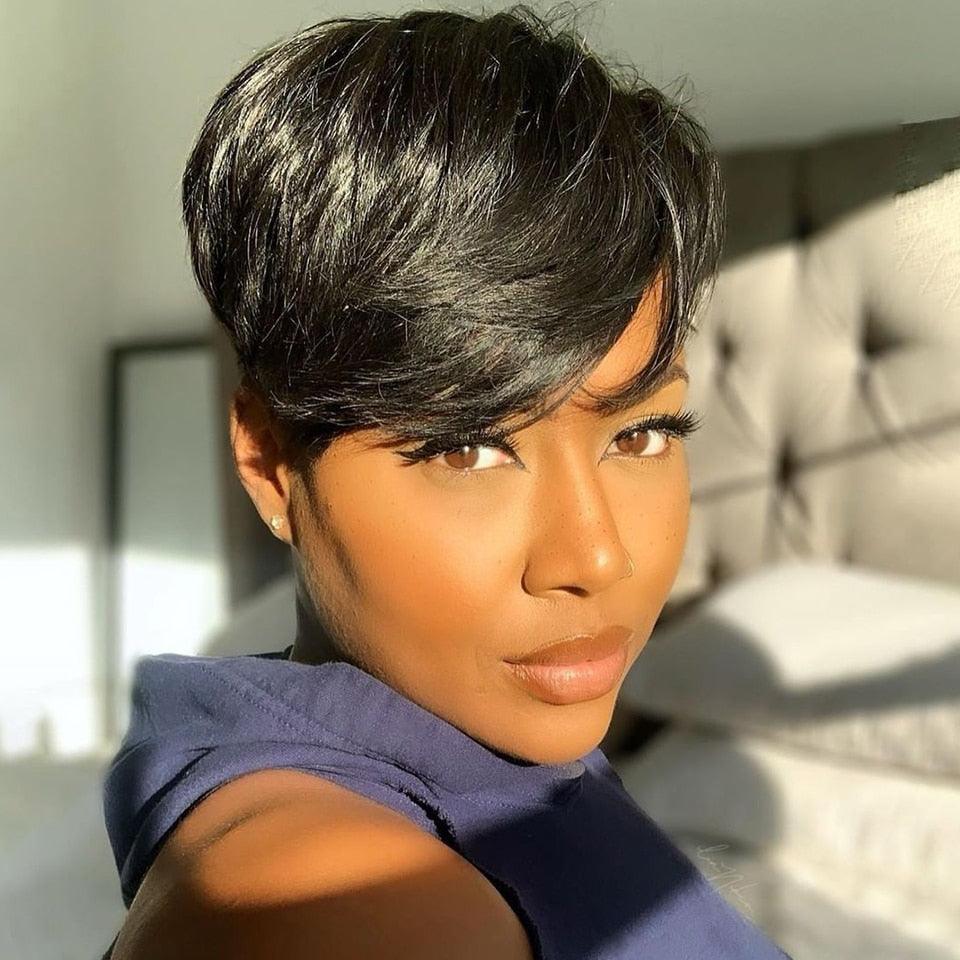 Trending Natural Color Short Bob Straight Human Wigs With Bangs Brazilian Virgin Hair Pixie Cut Wig Human Hair Wig For Black Women Gifts for Girlfriends