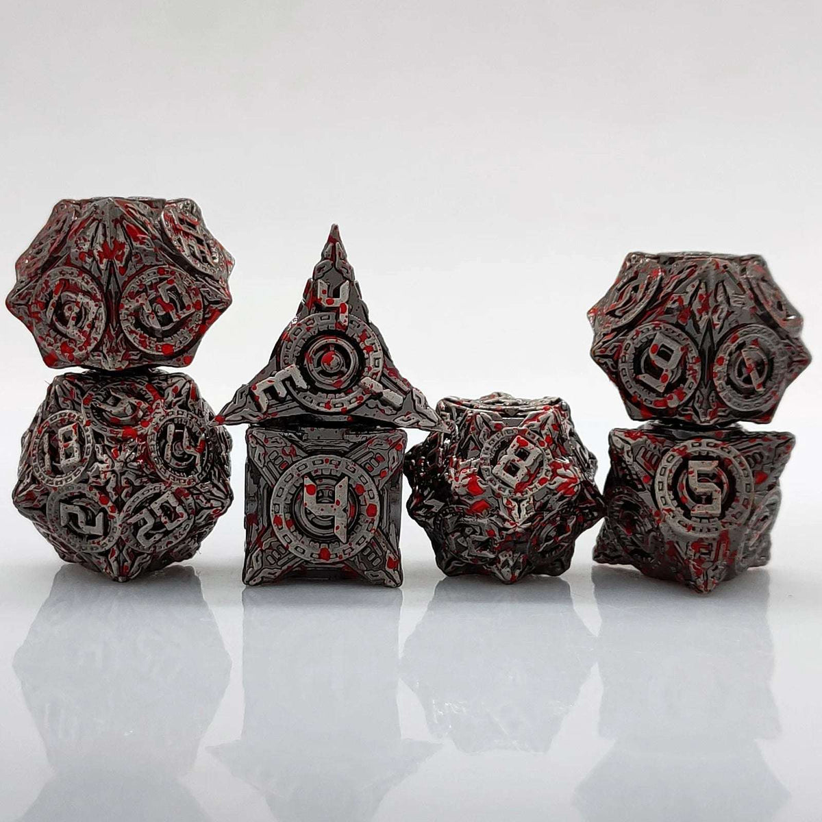 UFO mechanical style metal dice set with blood stains