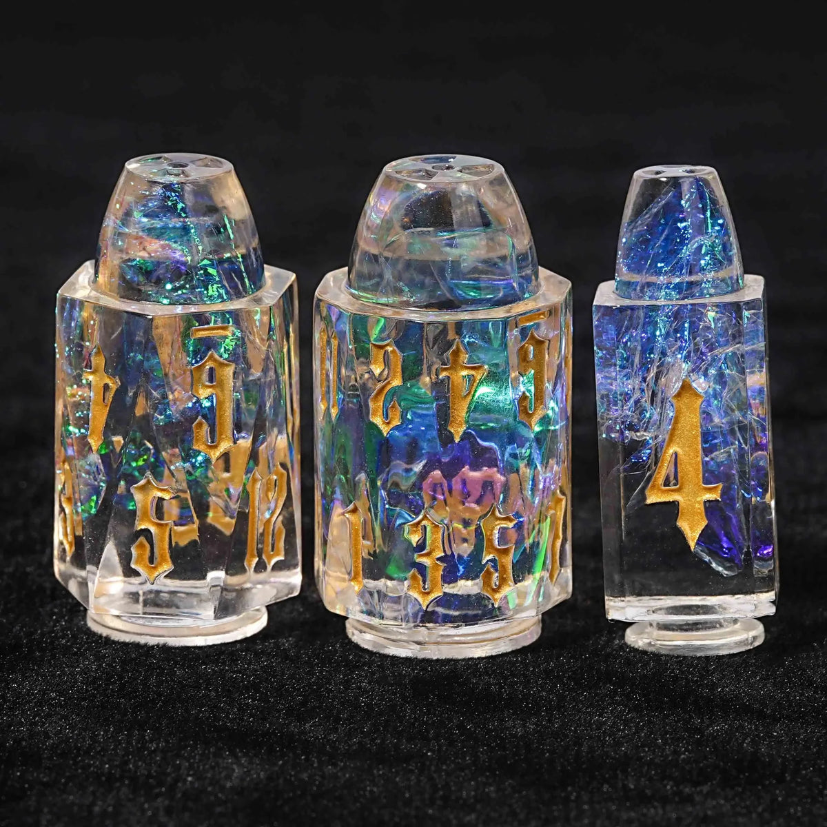 Unique Bullet Shaped Clear Resin DND Dice Set + Gold Characters