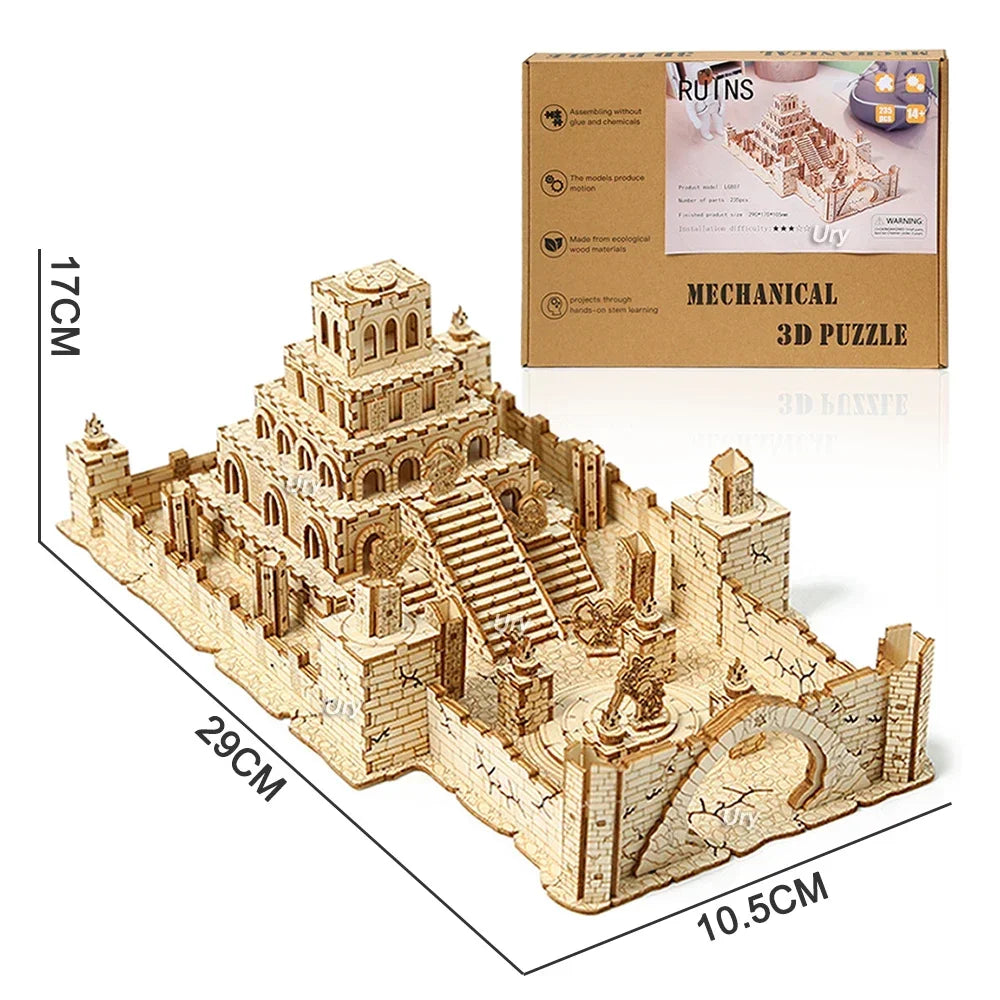 Ury 3D Wooden Puzzle WW2 War City Postwar Relic Handmade Mechanical Assembly House Model DIY Kits Toys Decoration Gifts for Kids