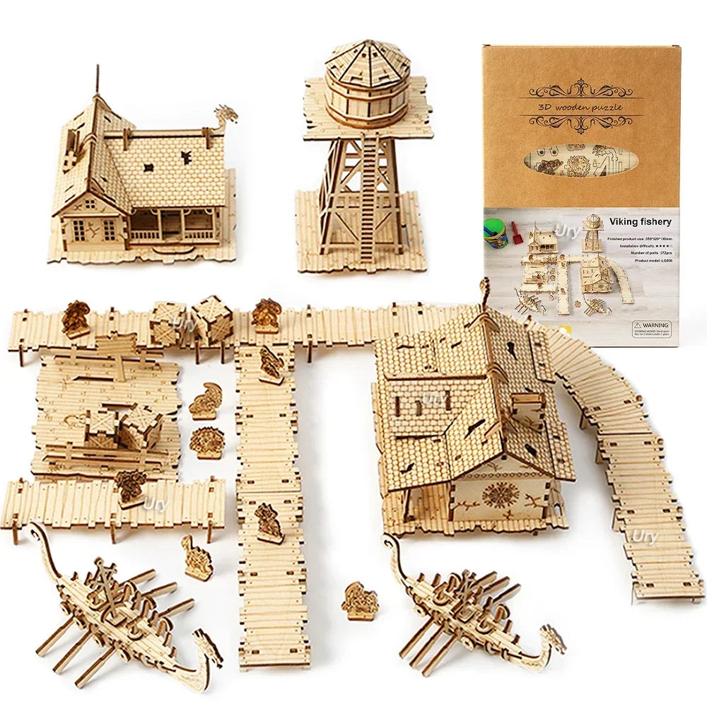 Ury 3D Wooden Puzzle WW2 War City Postwar Relic Handmade Mechanical Assembly House Model DIY Kits Toys Decoration Gifts for Kids