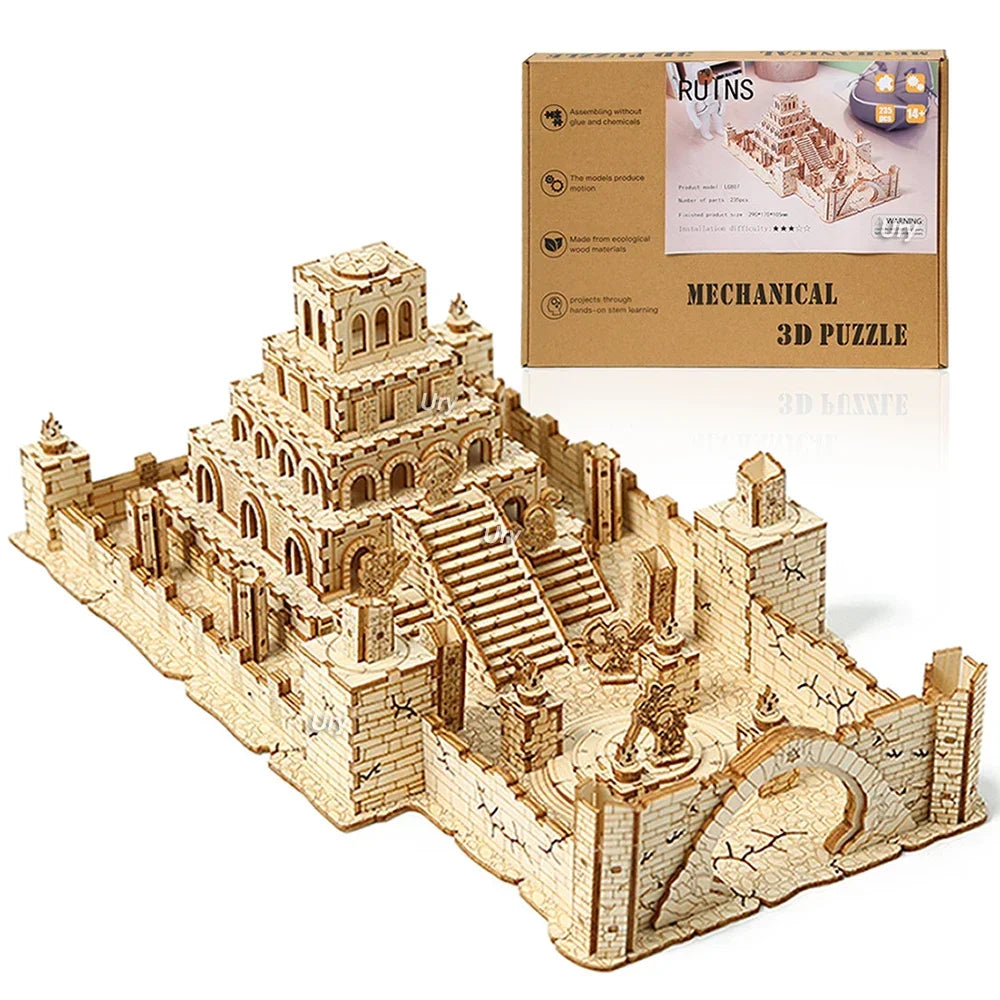 Ury 3D Wooden Puzzle WW2 War City Postwar Relic Handmade Mechanical Assembly House Model DIY Kits Toys Decoration Gifts for Kids