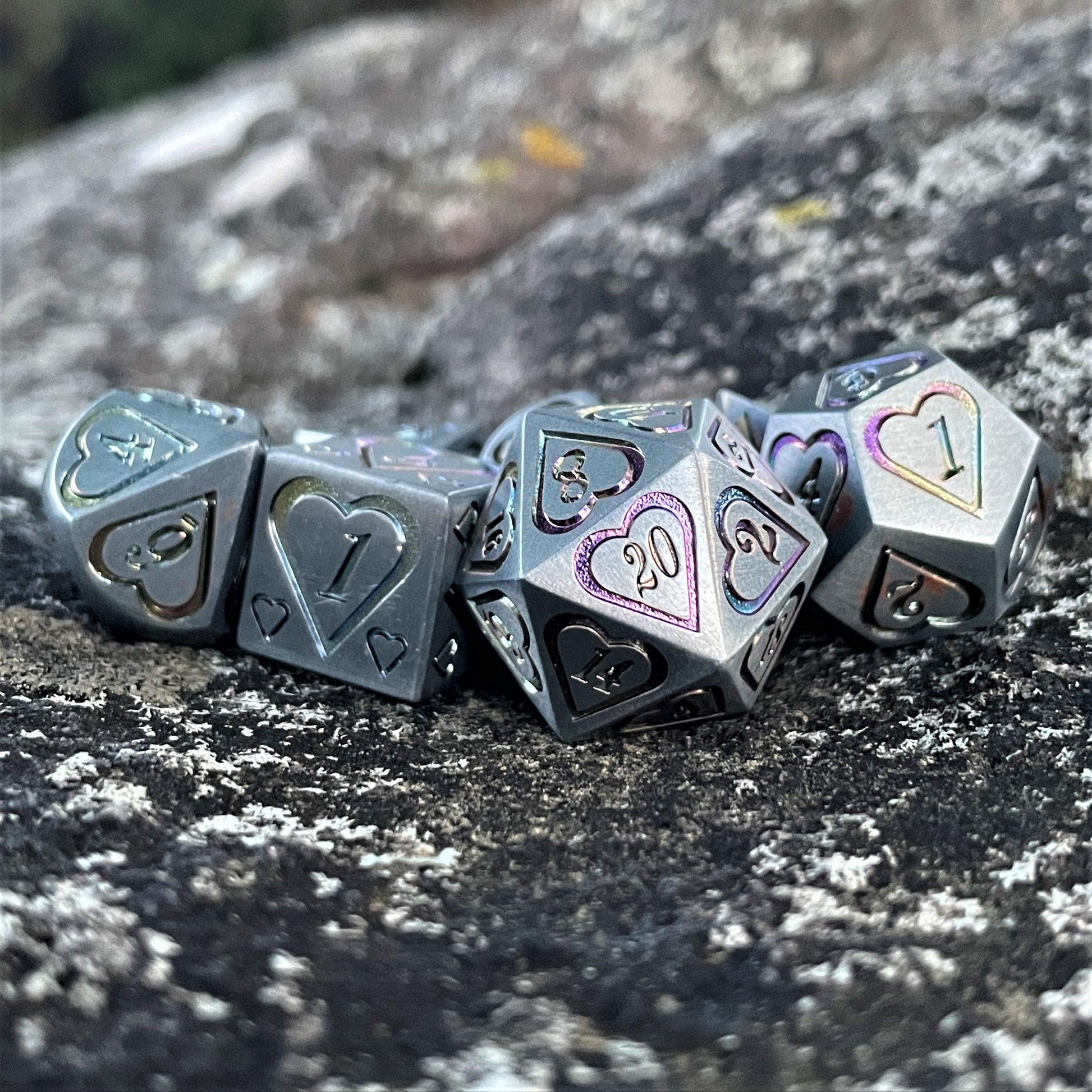 Valentine Silver and Iridescent Heart Metal Dice Set